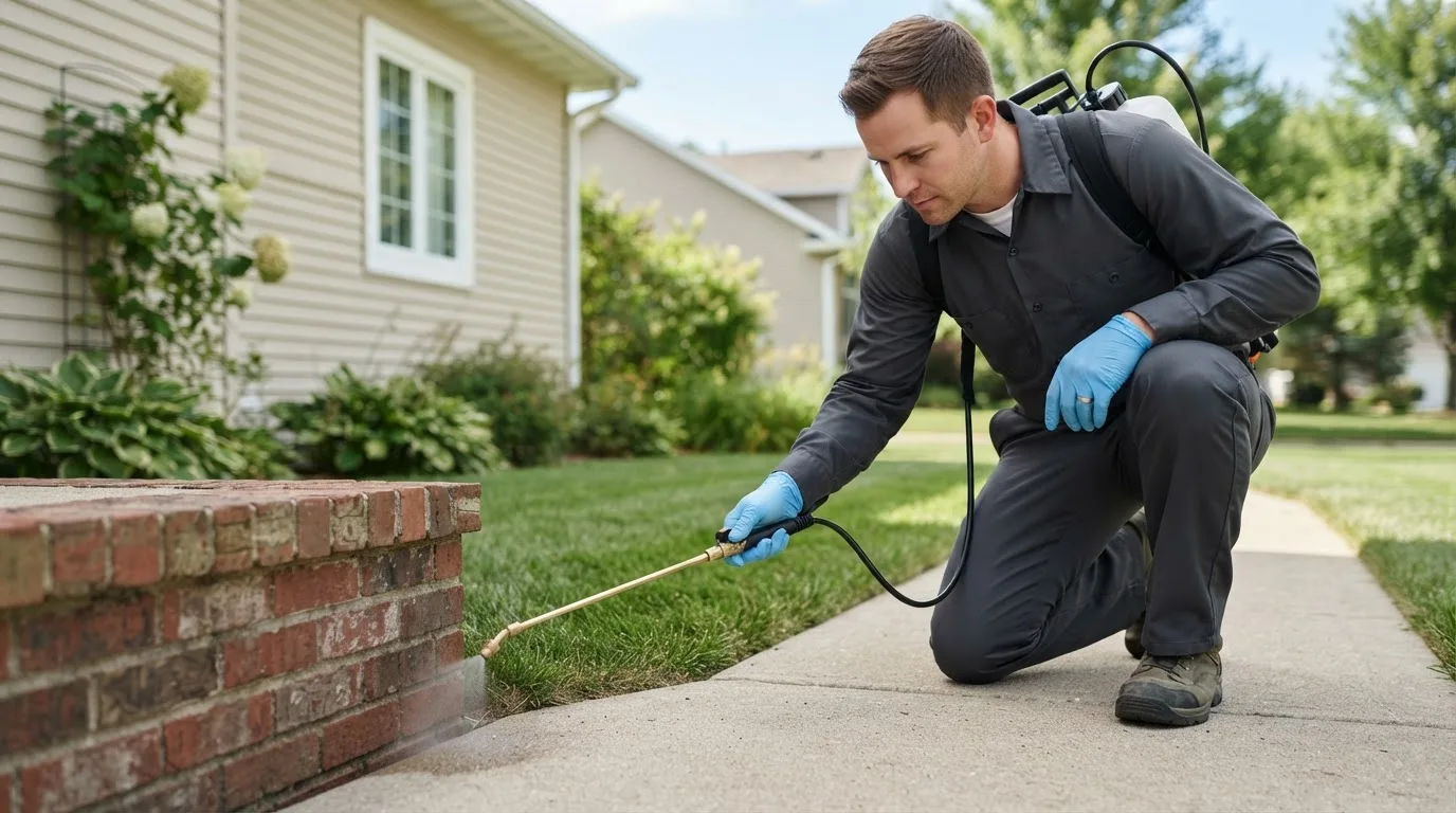 Pest control technician treating a home near New Weston, OH