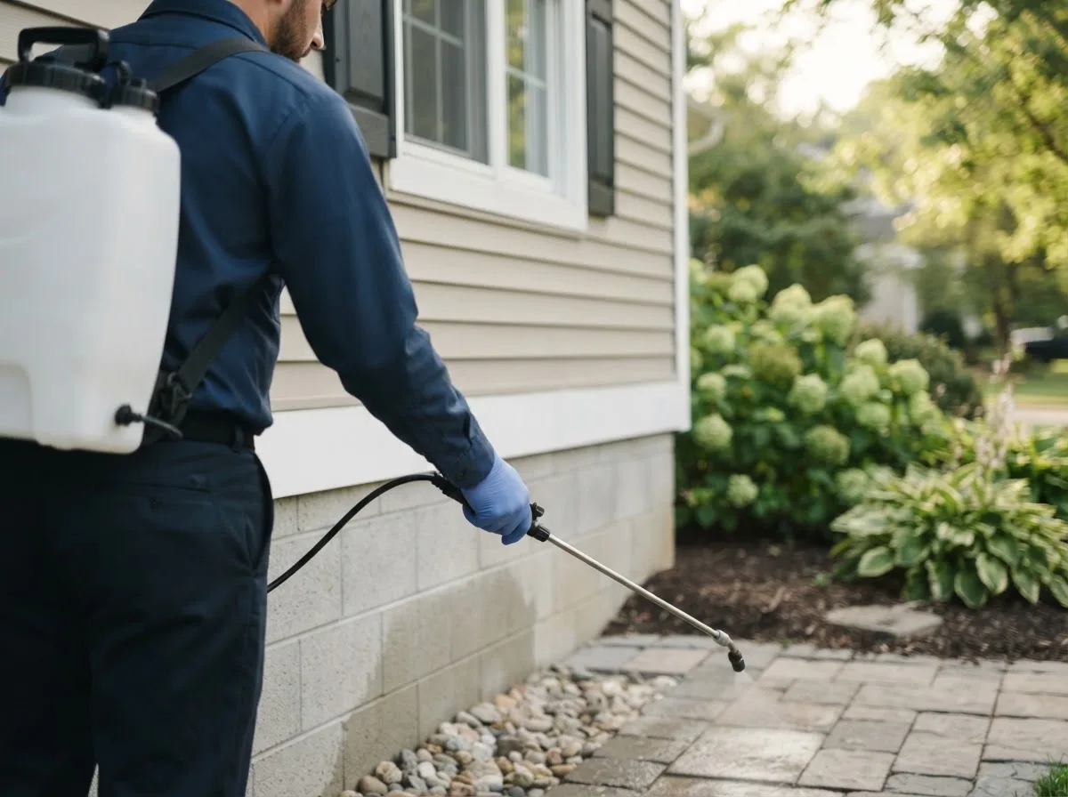 Pest control technician inspecting a home in New Weston, OH